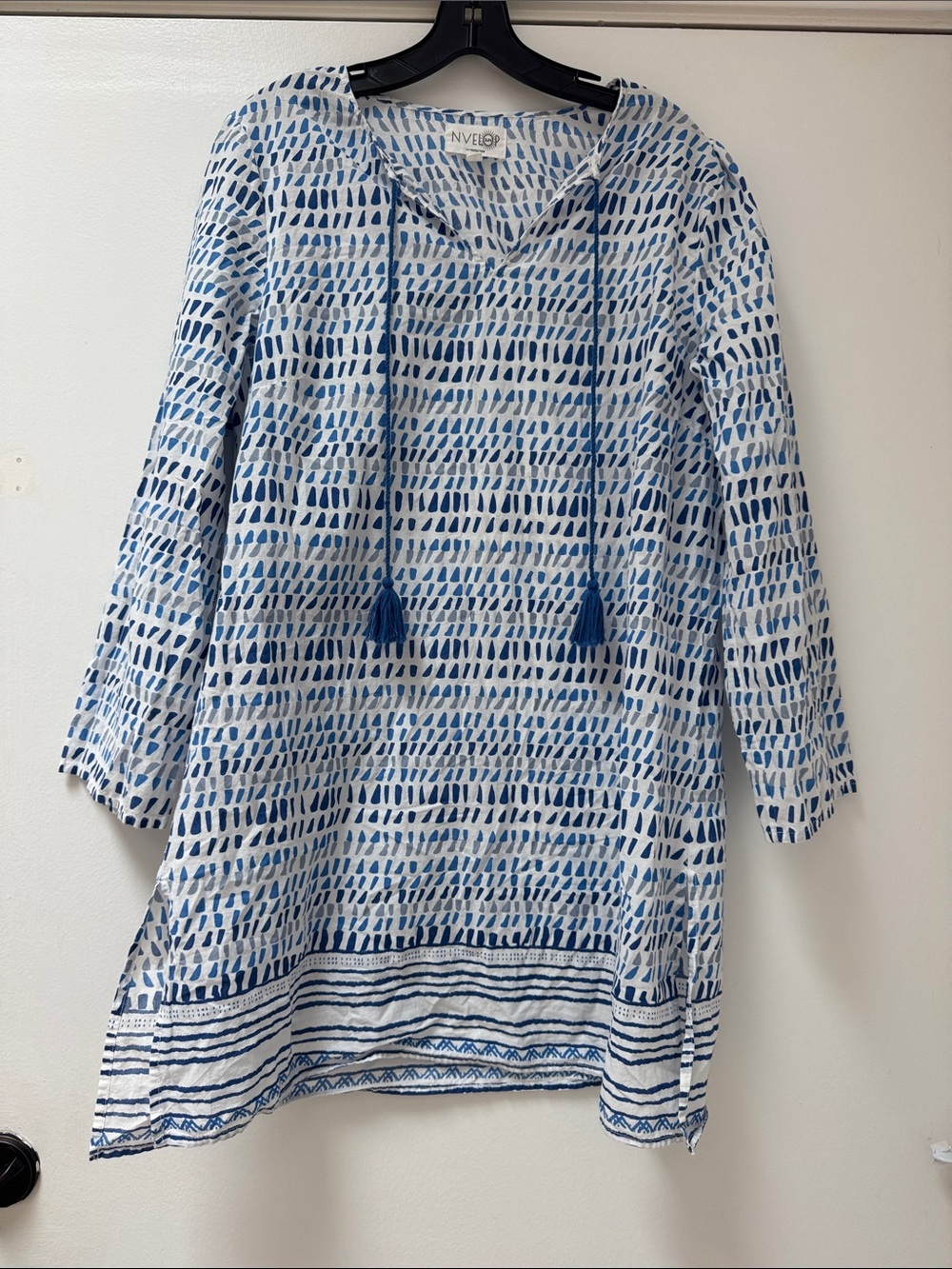 Blue & White Printed Tassel Tunic Swim Coverup